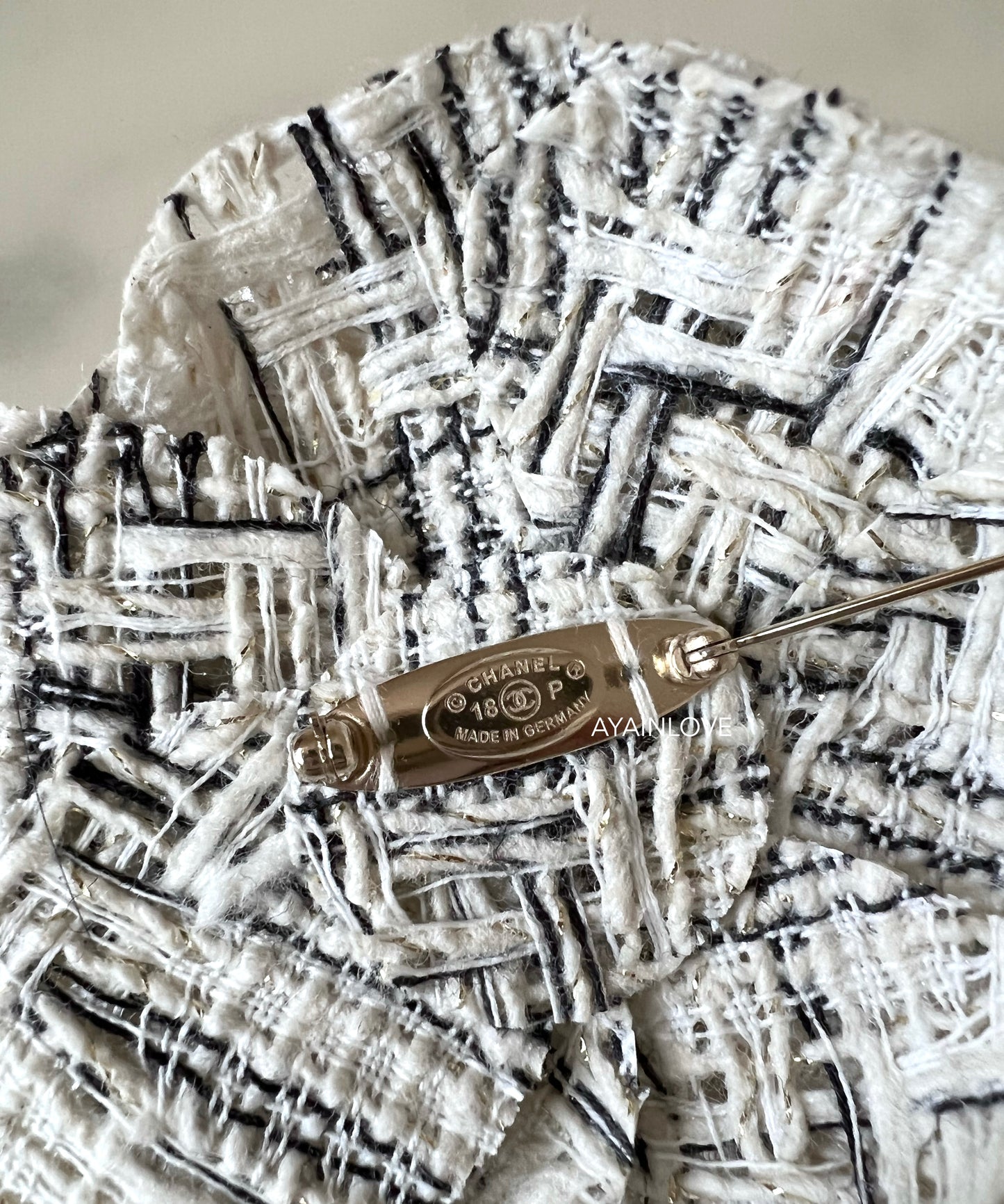 CHANEL 18P Tweed Camellia Brooch In Ecru And Black Light Gold Hardware