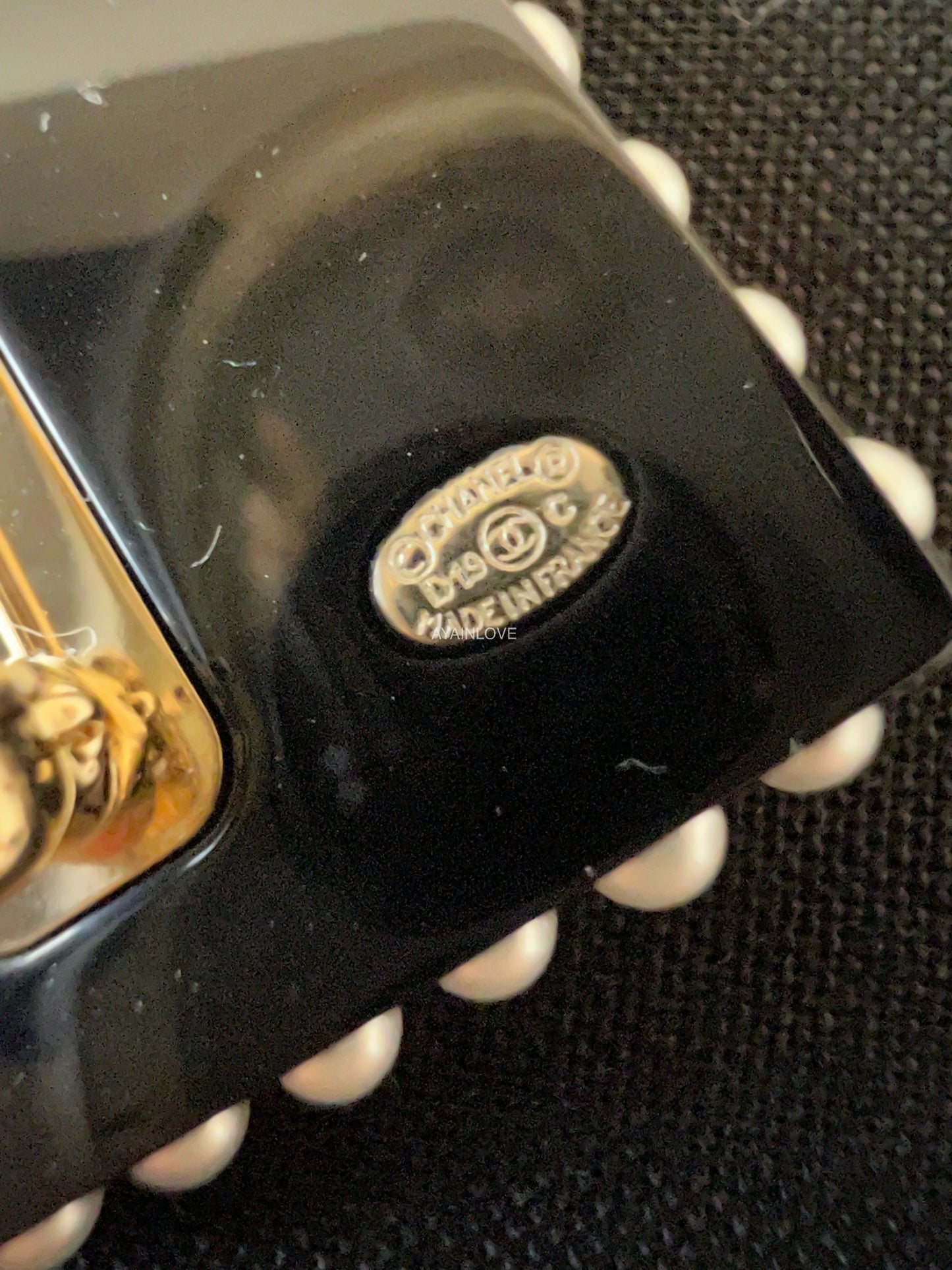 CHANEL 19C Mademoiselle Postcard Pearl Resin Brooch Light Gold Hardware