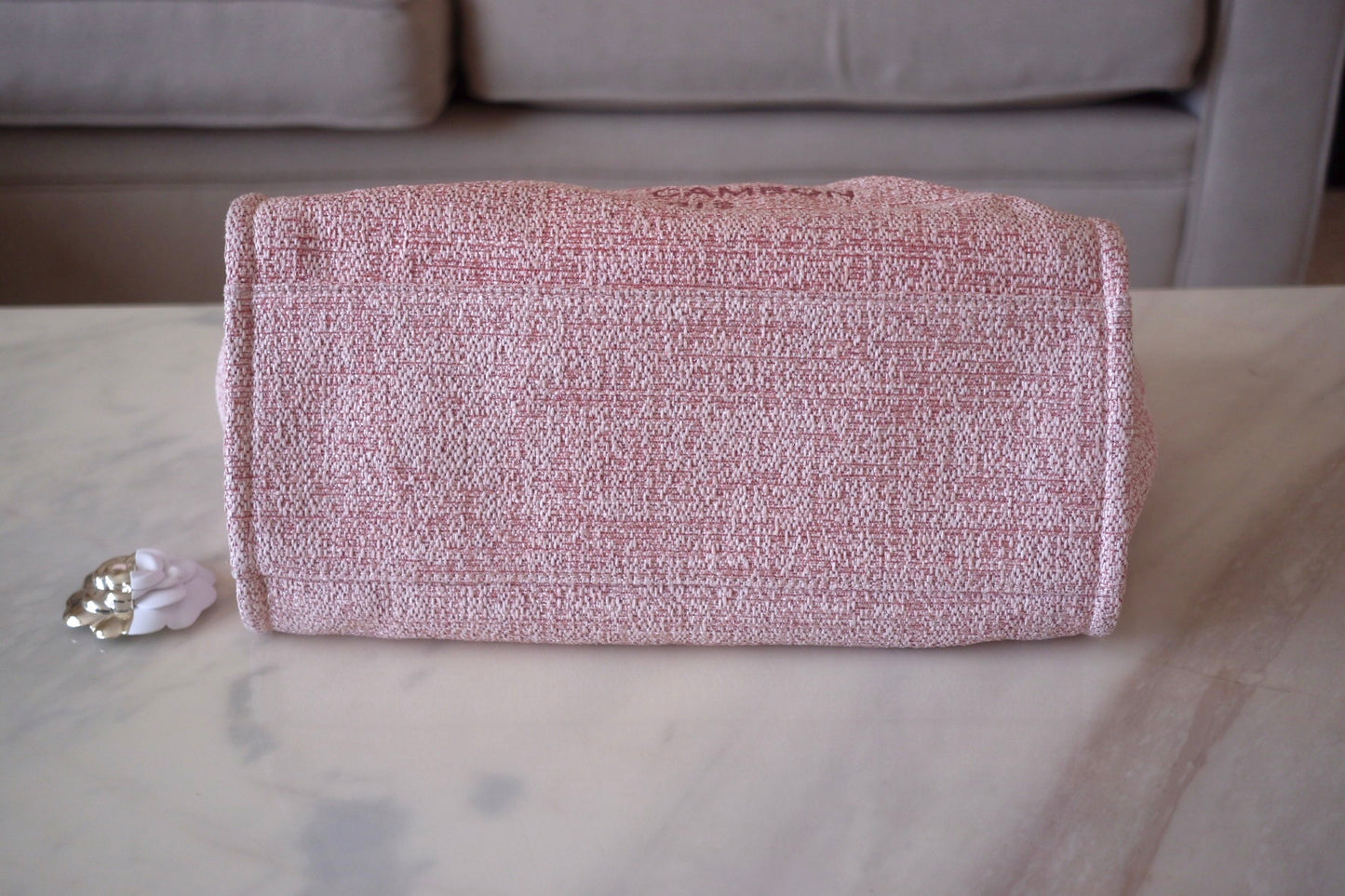 CHANEL 19C Pink Canvas Glitter Medium 38cm Deauville with Pink Calf skin Handle Light Gold Hardware