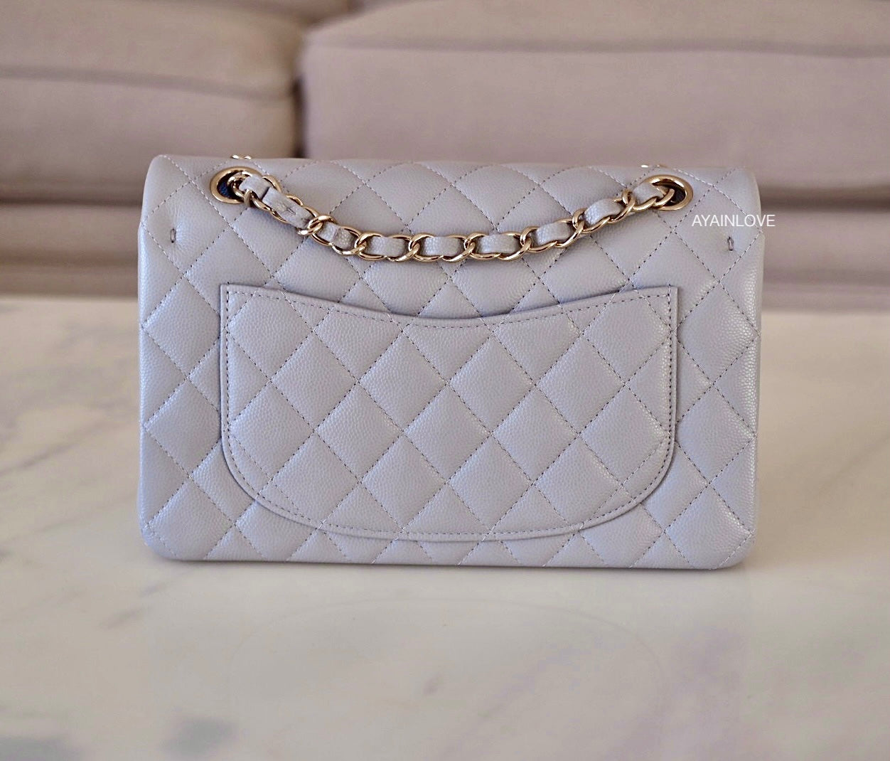 21A DOVE GREY CAVIAR SMALL CLASSIC FLAP LIGHT GOLD HARDWARE *NEW*