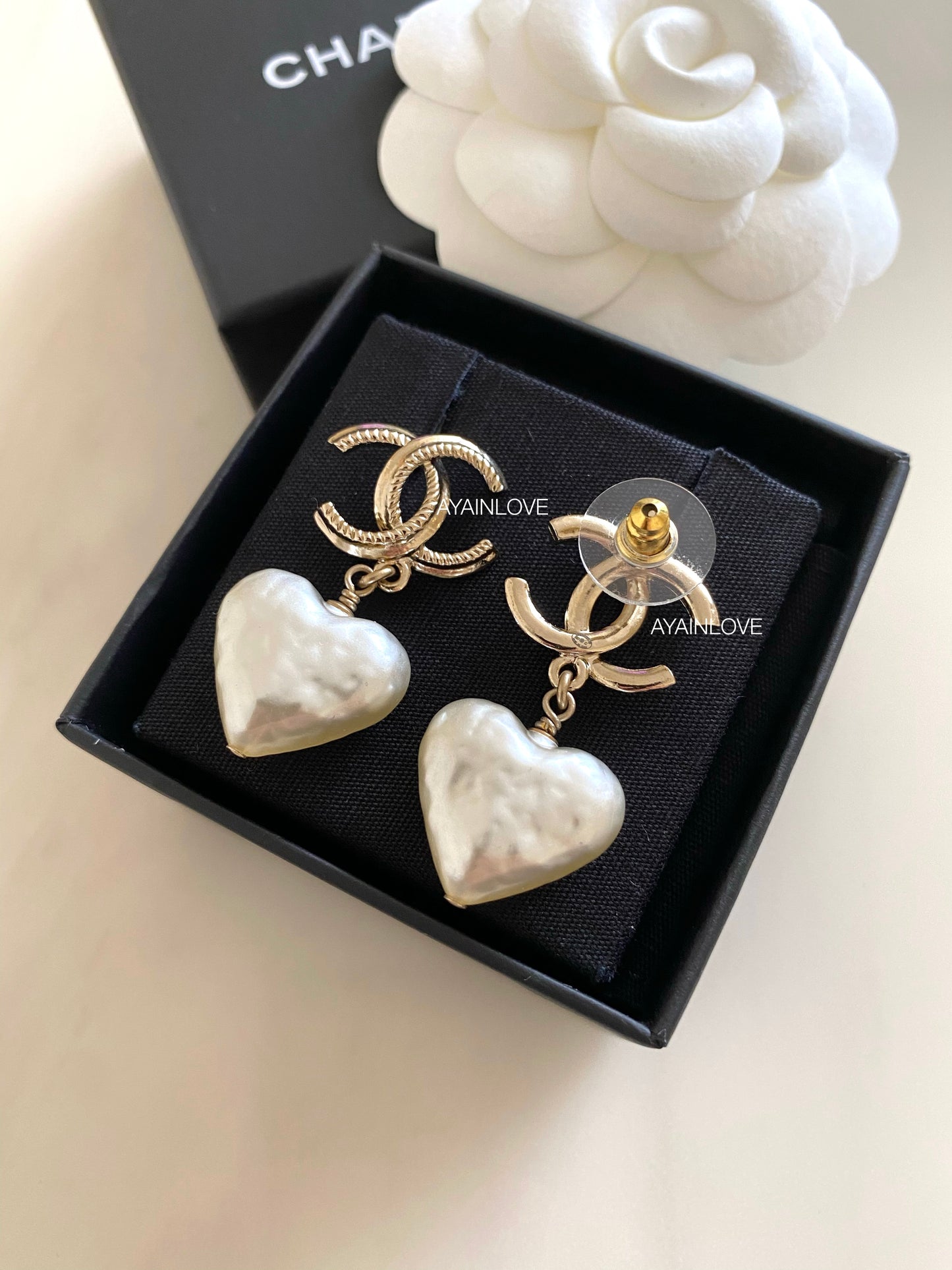 CHANEL 22C Heart Pearl Drop Earrings Light Gold Hardware