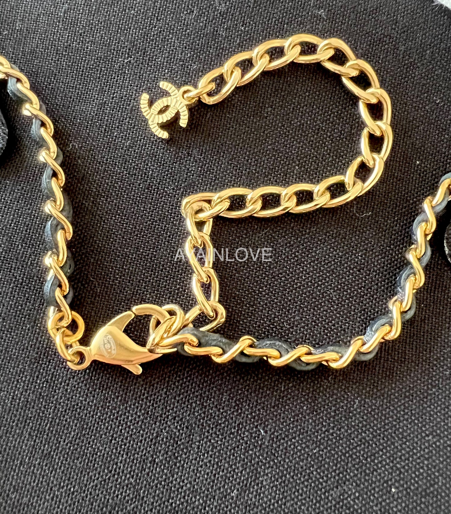 CHANEL 22P Heart CC Black Chain Leather Necklace Gold Hardware