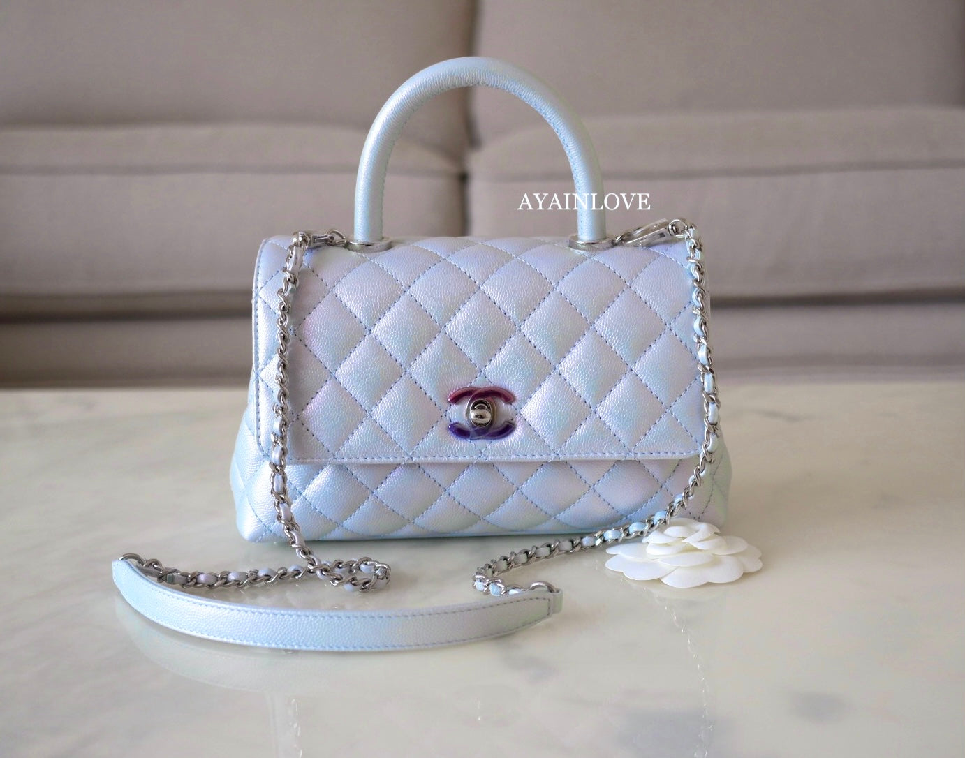 Chanel Mini/Small Coco Handle 21K Pale Blue Quilted Caviar with light gold  hardware