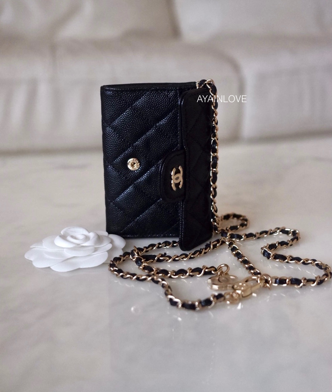 CLASSIC BLACK CAVIAR ADJUSTABLE LEATHER CHAIN BELT BAG CARD HOLDER LIGHT GOLD HARDWARE