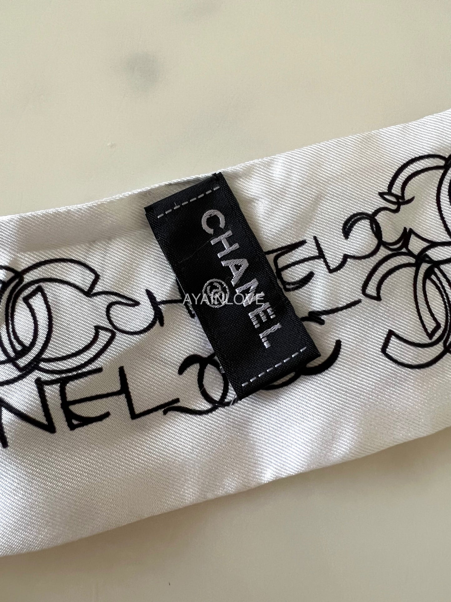 CHANEL Black White Silk CC Twilly Scarf Bandeau