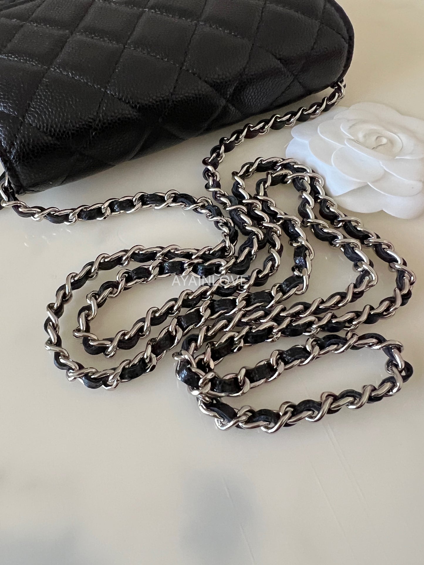 CHANEL Black Caviar Mini Wallet on Chain Silver Hardware