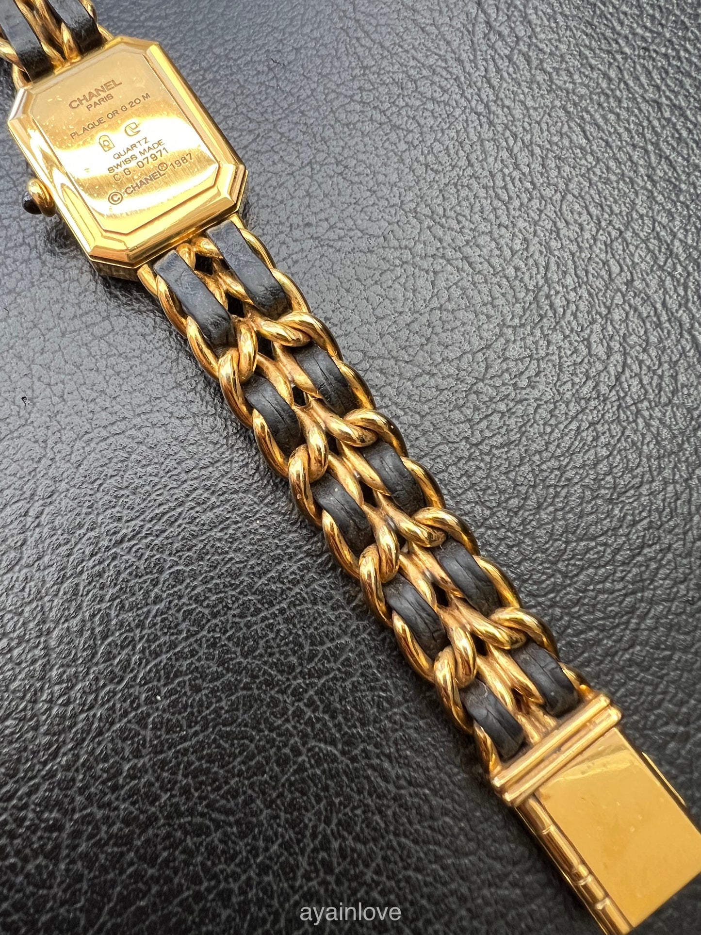 CHANEL 1987 Vintage PREMIERE Watch Black Leather and 24KT Yellow Gold Plated M Size