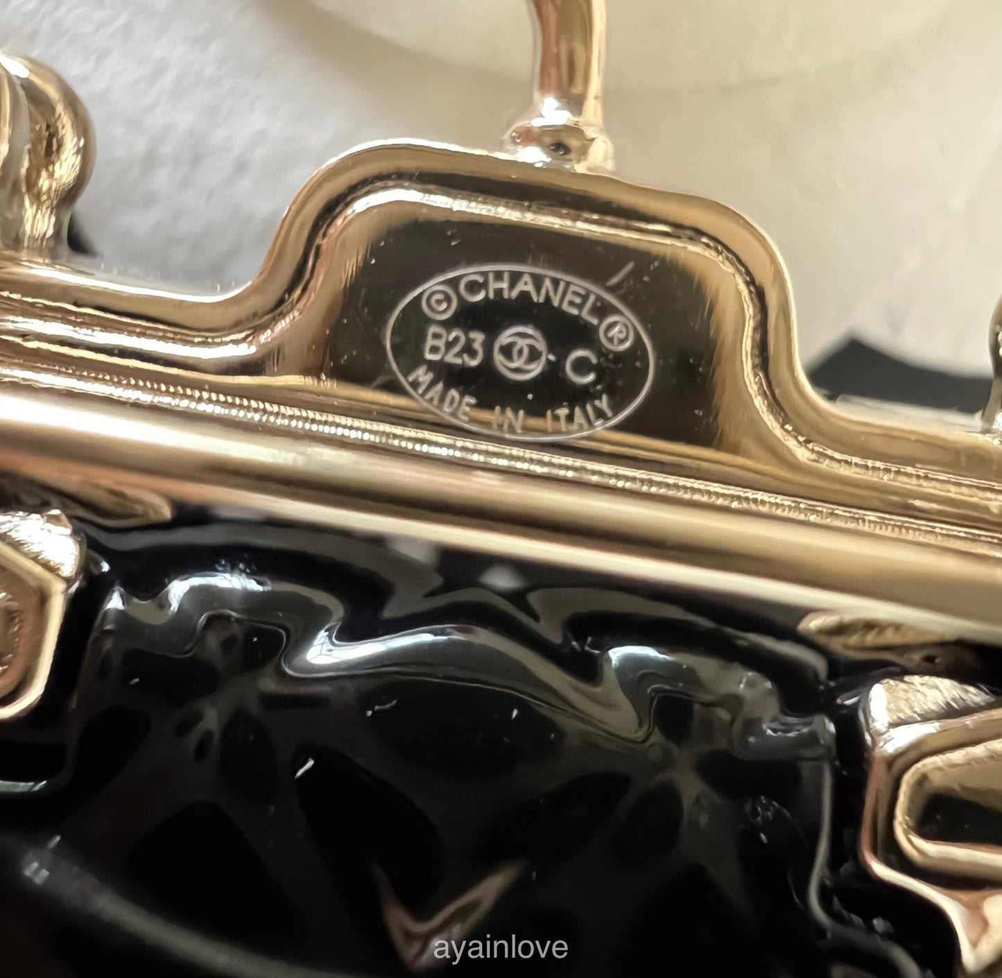 CHANEL 23C Resin Black Classic Flap Bag Brooch Light Gold Hardware