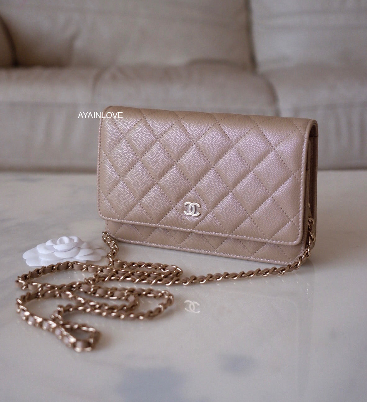 Chanel Classic Wallet on Chain Beige Quilted Caviar with gold hardware