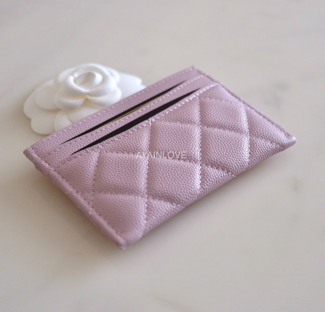CHANEL 21S Rose Clair Lilac Pink Caviar Flat Card Holder Light Gold Hardware