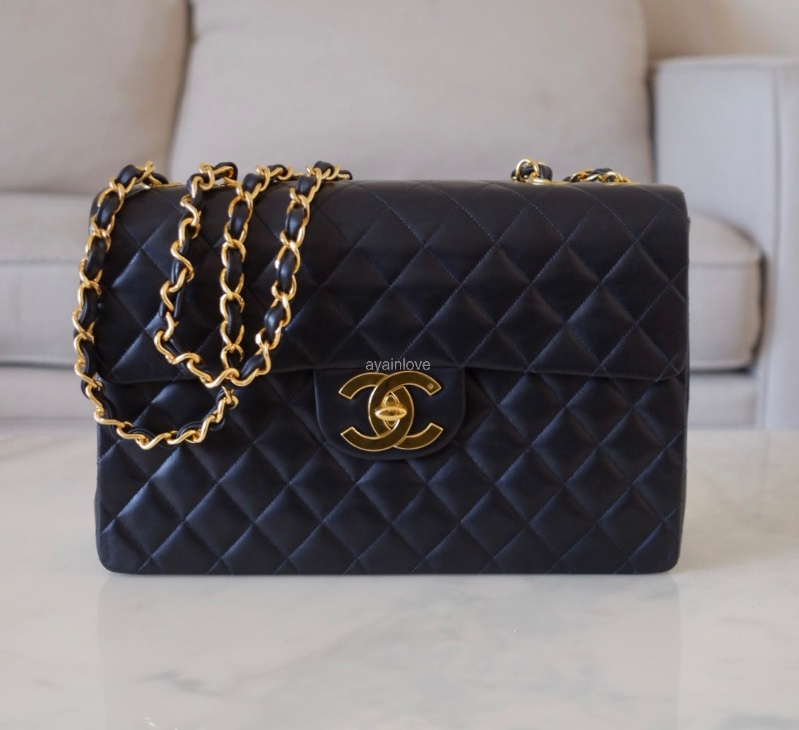 CHANEL Vintage Black Quilted Maxi XL Jumbo Classic Single Flap Oversized CC Bag 24KT Gold Plated Hardware Series 3