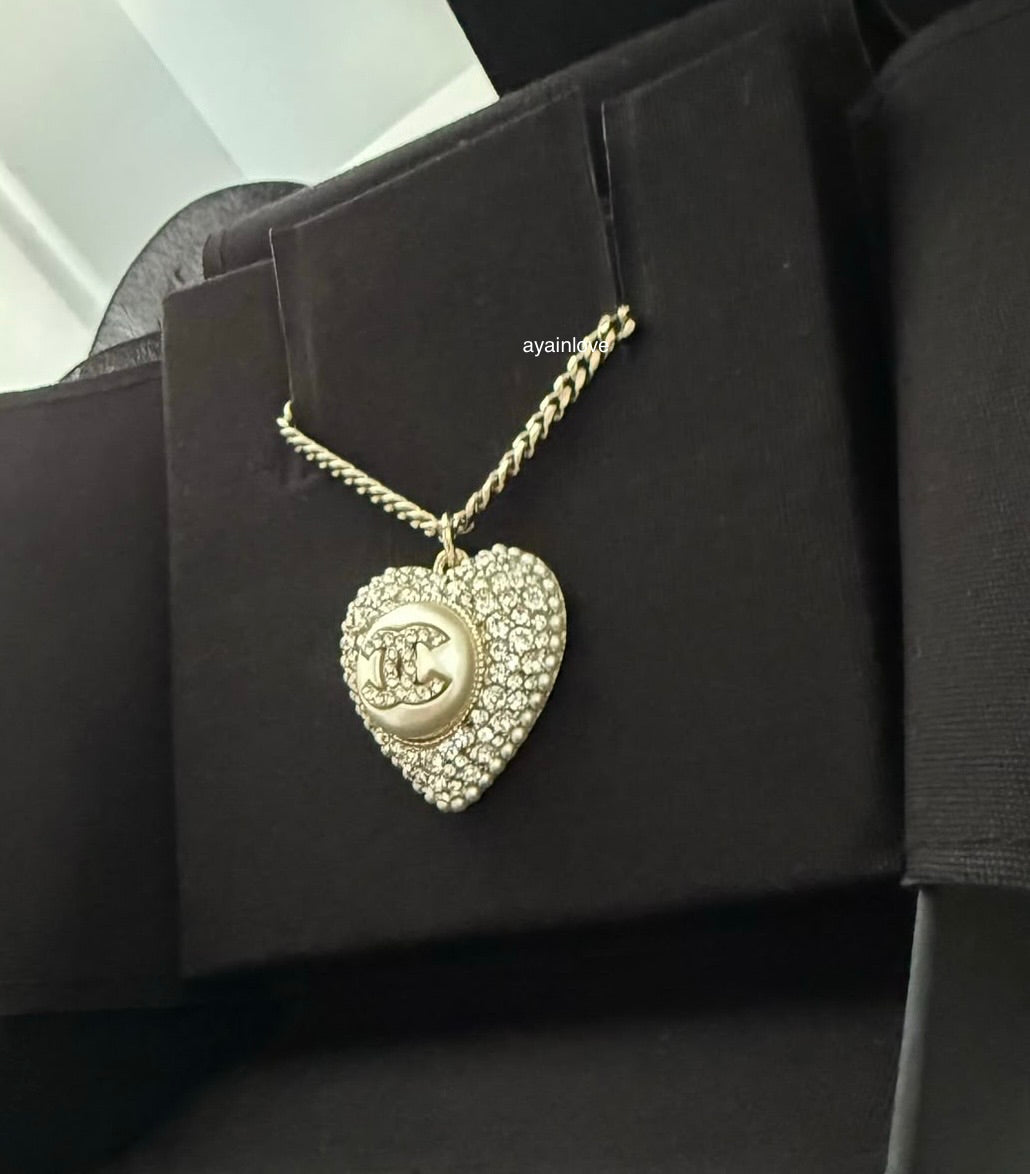 CHANEL 22B Heart Pearl Crystal CC Necklace Light Gold Hardware