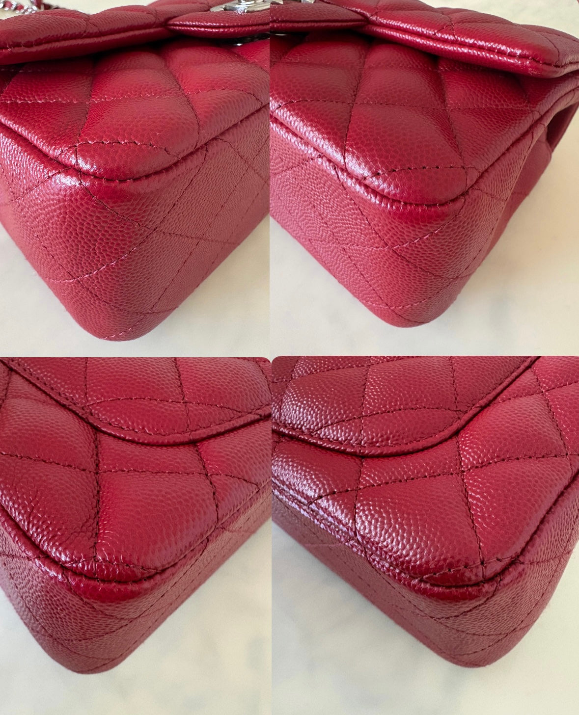 CHANEL 17B Red Caviar Quilted Classic Rectangular Mini Silver Hardware