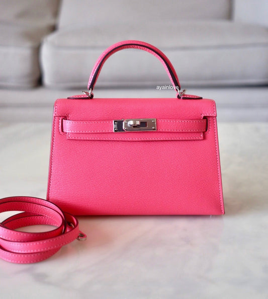 HERMES Mini Kelly 20 Pink Rose Lipstick Chèvre Mysore Palladium Hardware D Stamp