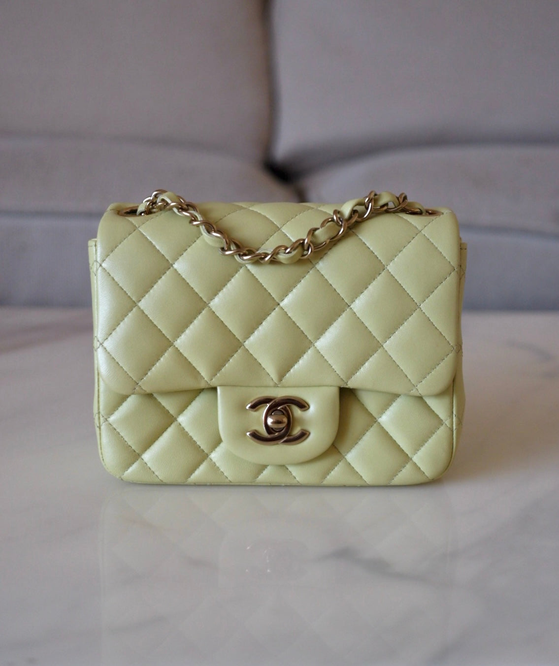 CHANEL 23C Light Green Microchipped Classic Quilted Square Mini Flap Bag Light Gold Hardware
