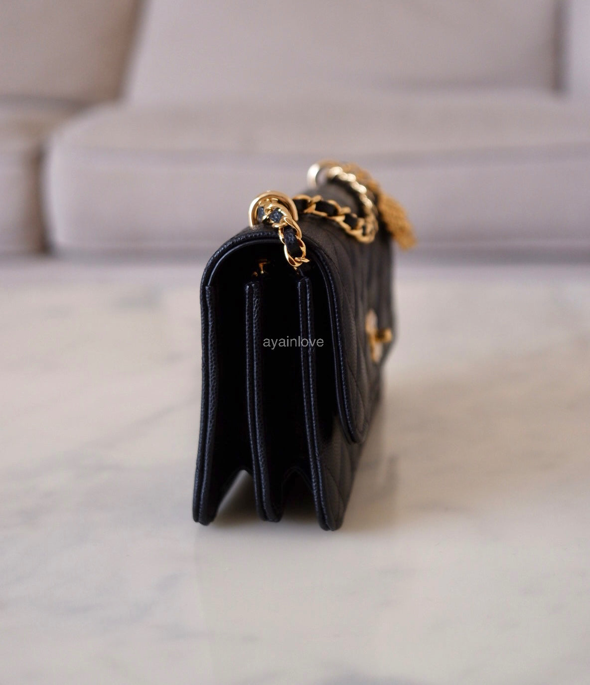 CHANEL 23S Black Caviar Wallet on Chain with Bag Charm Gold Hardware