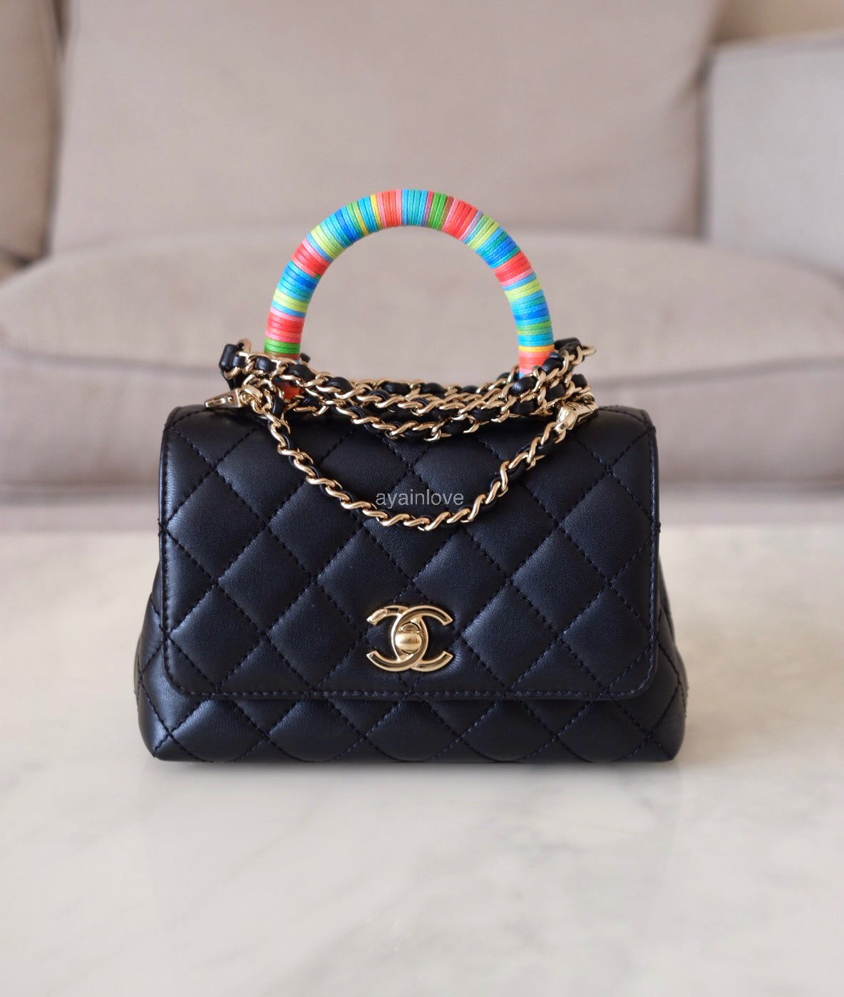 CHANEL Black Goatskin Coco Rainbow Handle Extra Mini 19cm Bag Light Gold Hardware