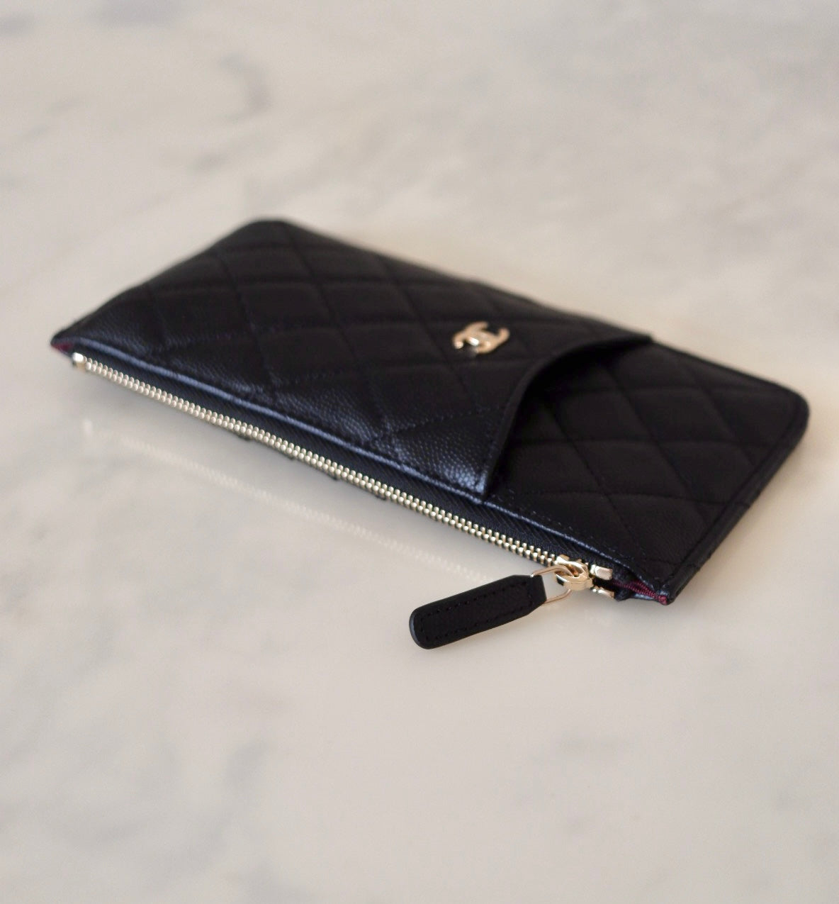 CHANEL Classic Black Caviar Phone Pouch Card Holder Gold Hardware