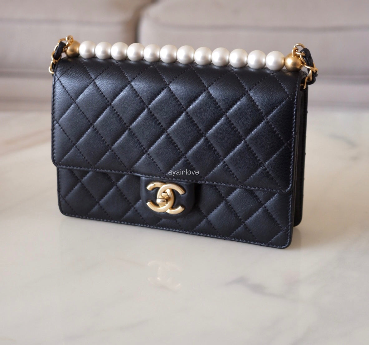 CHANEL 19S Chic Pearl Black Goatskin Flap Bag Gold Hardware