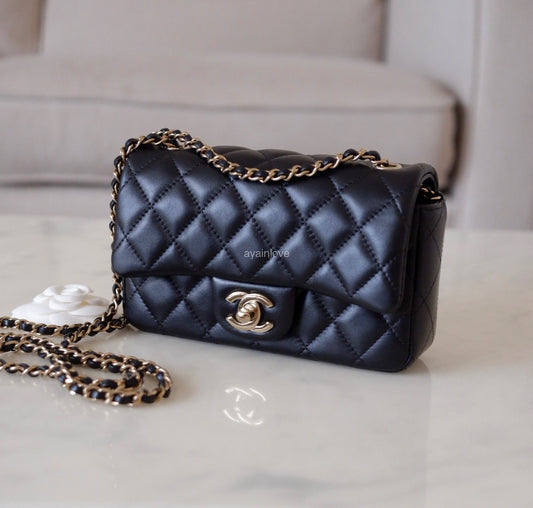 CHANEL 24K Black Lambskin Classic Rectangular Extra Mini 18cm Flap Light Gold Hardware