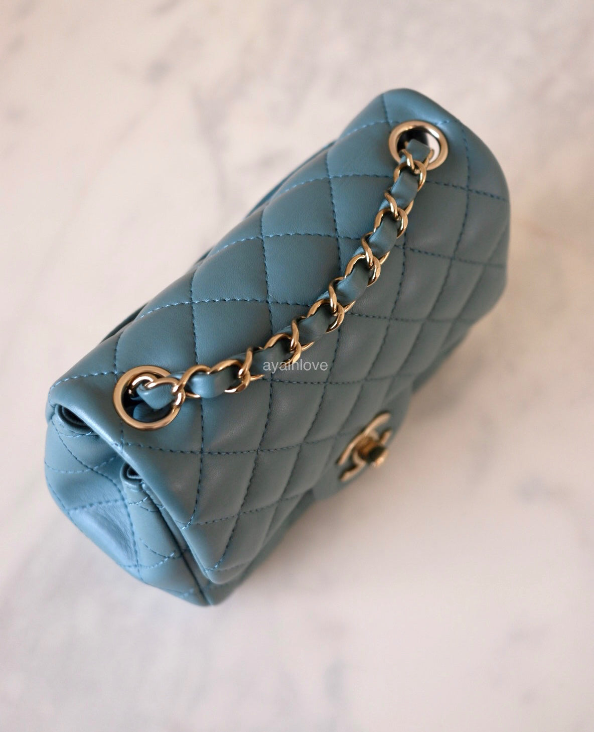 CHANEL 2022 Turquoise Blue Lambskin Microchipped Quilted Square Mini Flap Bag Light Gold Hardware