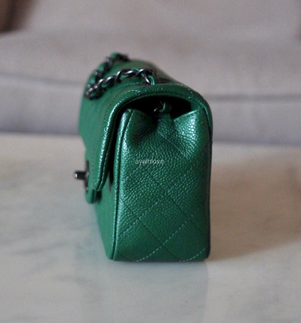 CHANEL Green Caviar Classic Quilted Rectangular Mini Flap Bag Ruthenium Hardware