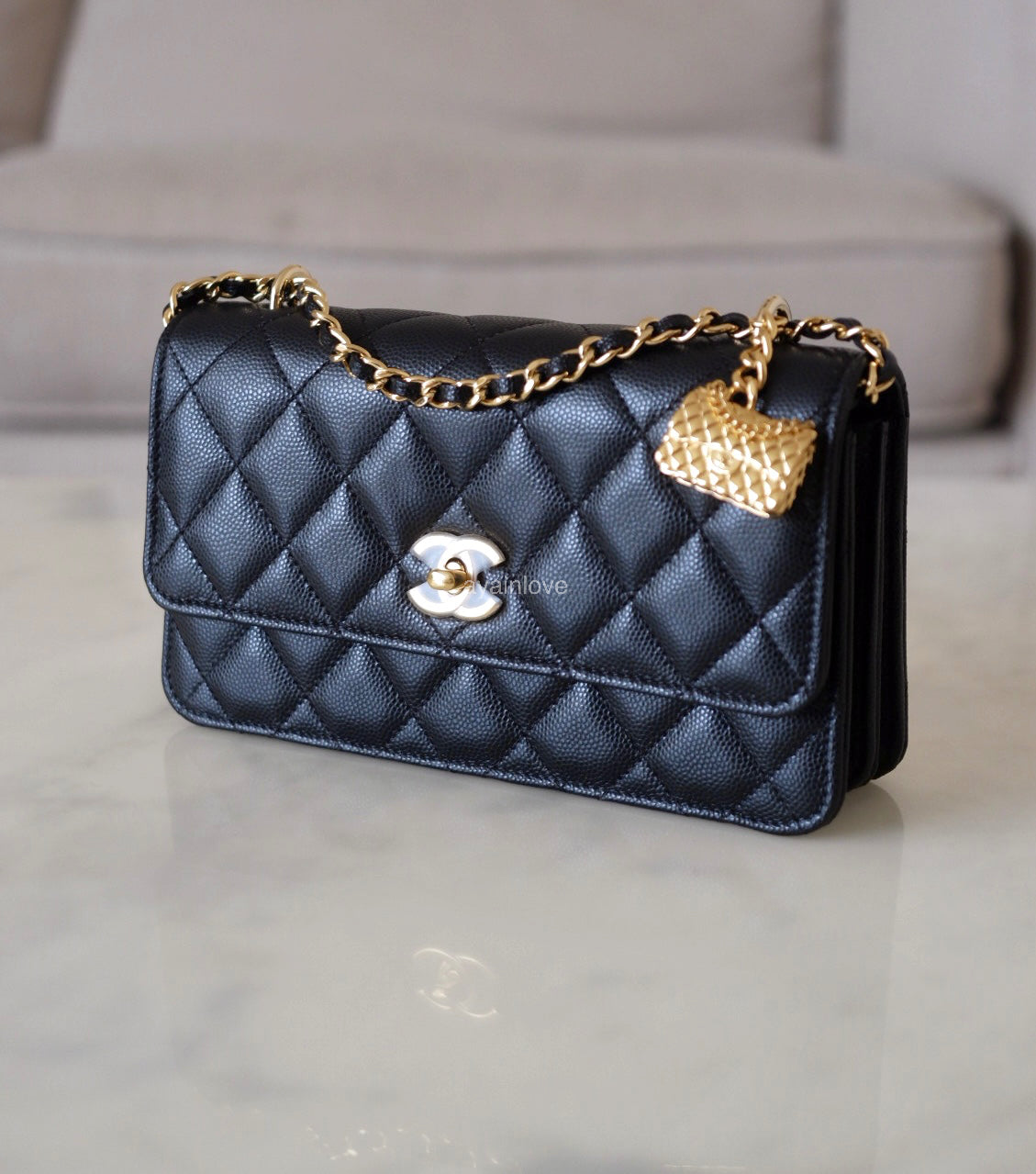 CHANEL 23S Black Caviar Wallet on Chain with Bag Charm Gold Hardware