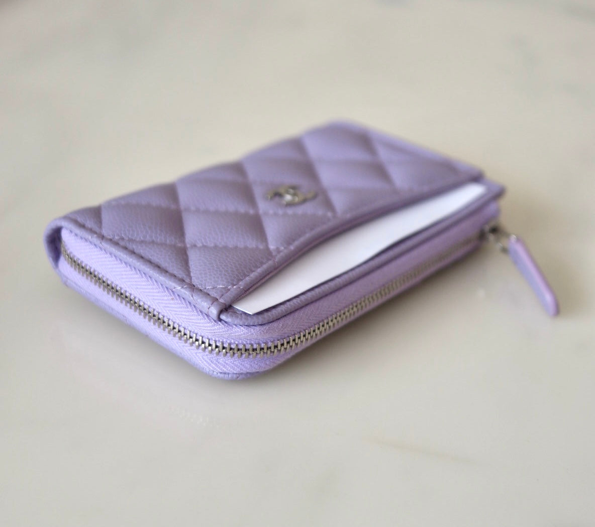 CHANEL Light Purple Caviar New Style XL Zippy Card Holder Wallet Silver Hardware