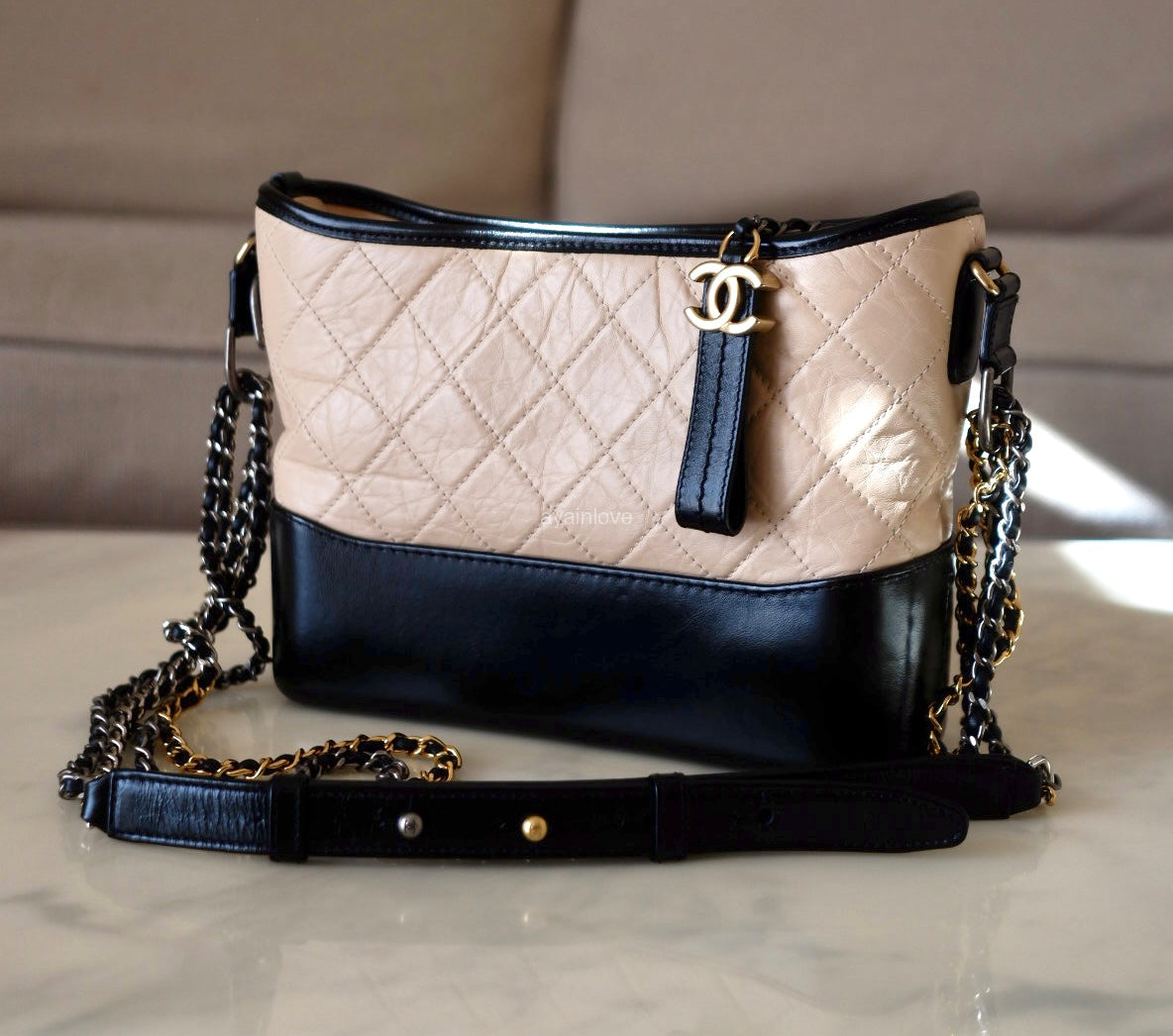 CHANEL Beige Black Calf Skin Medium Gabby Gabrielle Bag Mixed Hardware