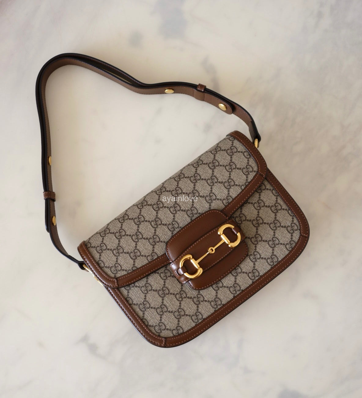 Gucci Horsebit 1955 Medium Brown GG Supreme Monogram Bag Gold Hardware