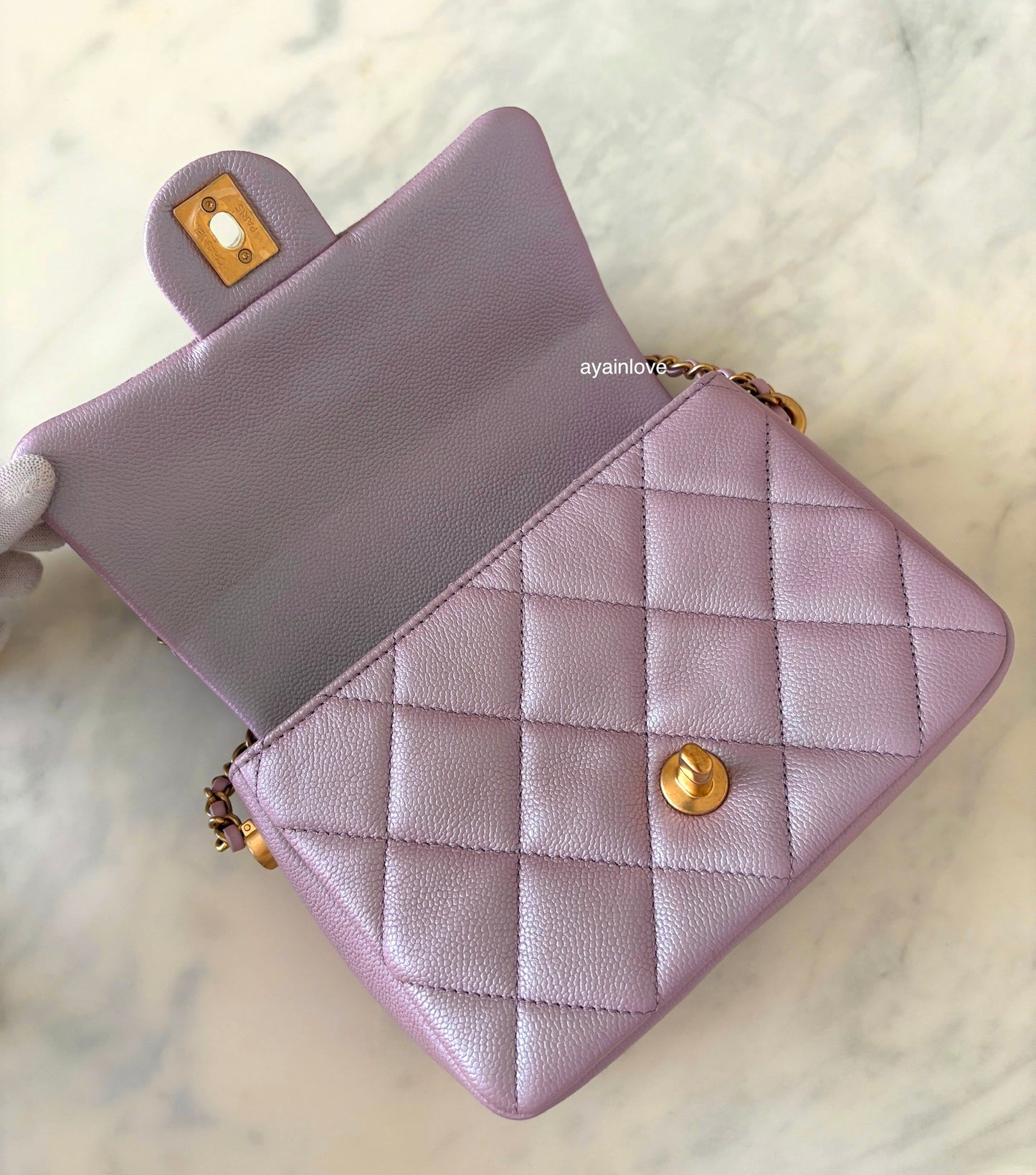 CHANEL 21K Iridescent Pink Caviar My Perfect Square Mini Flap Bag Gold Hardware