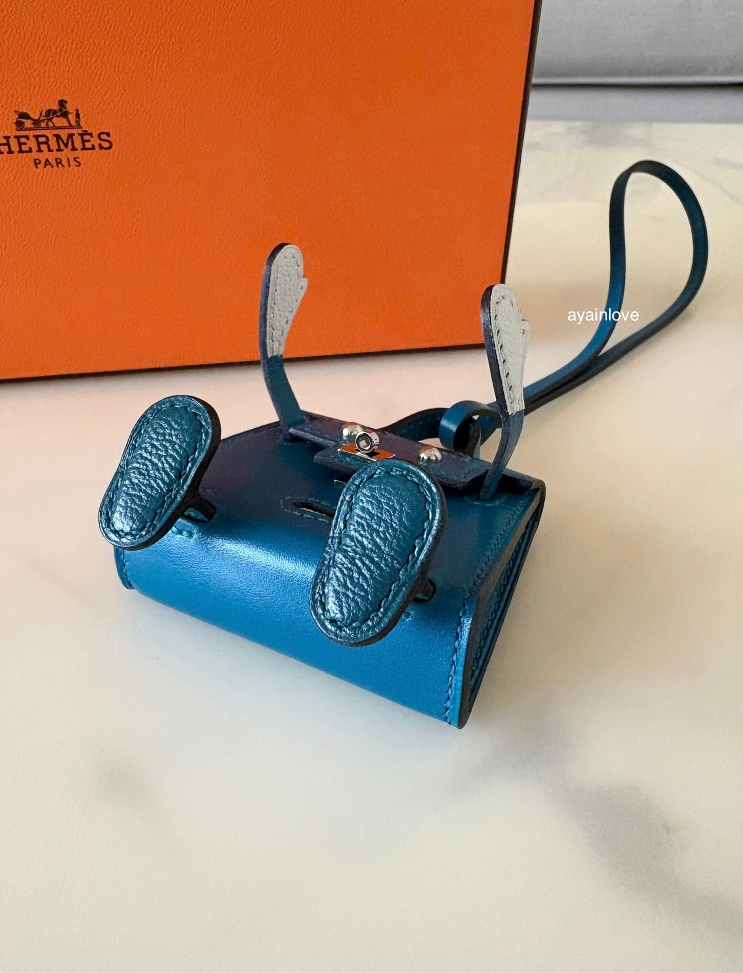 HERMES Kelly Doll Dole Tadelakt Bleu Izmir Bag Charm Palladium Hardware Z Stamp