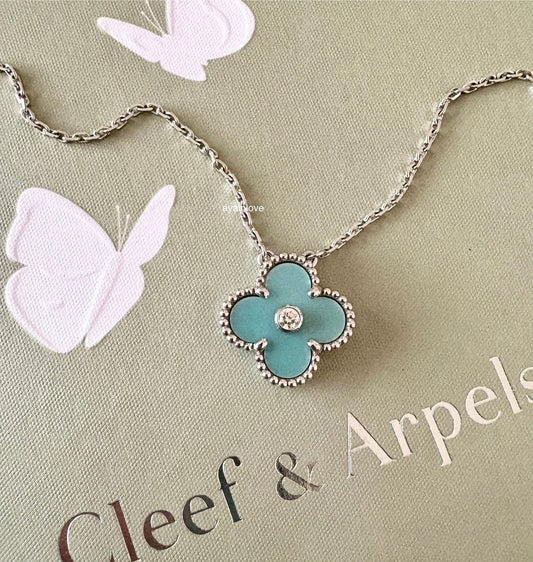 VAN CLEEF ARPELS VCA 18KT White Gold Limited 2022 Holiday Pendant Tiffany Blue Diamond Vintage Alhambra