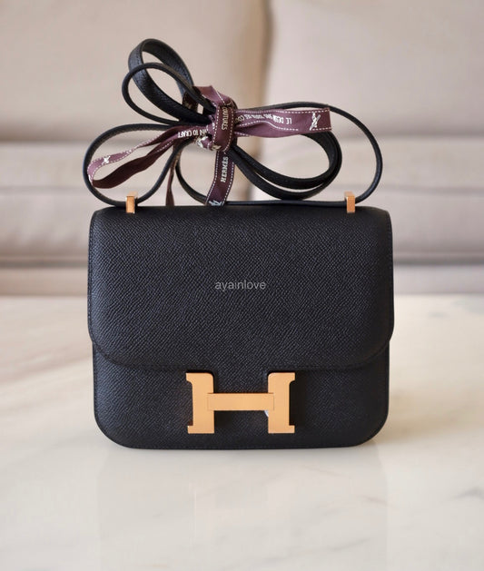 HERMES Constance Mini 18 Noir Black Epsom Rose Gold Hardware W Stamp