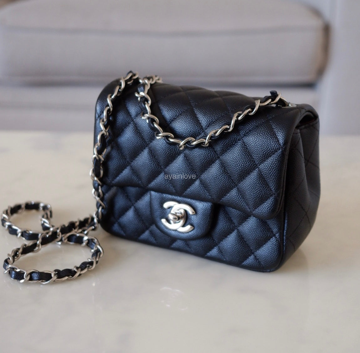 CHANEL 17B Black Caviar (Burgundy Interior) Quilted Square Mini Flap Bag Silver Hardware