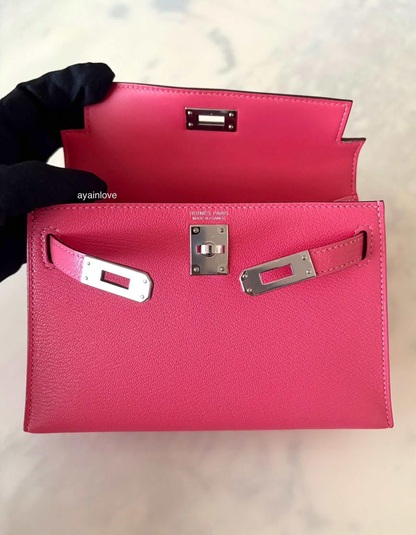 HERMES Mini Kelly 20 Pink Rose Lipstick Chèvre Mysore Palladium Hardware D Stamp