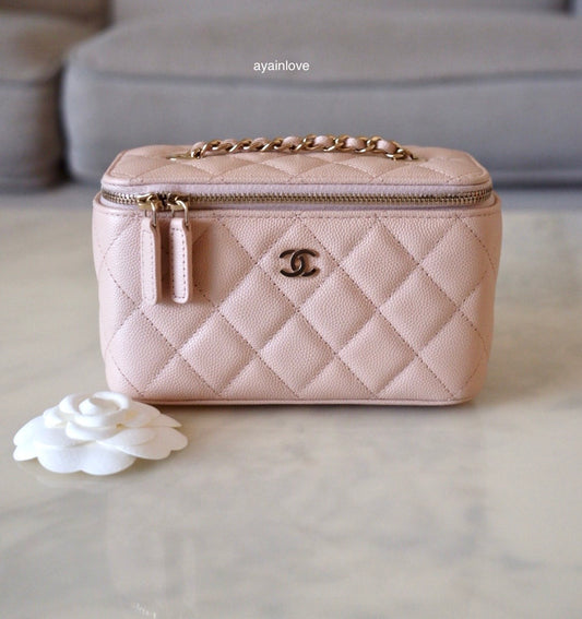CHANEL 22C Light Beige Caviar Rectangular Vanity On Chain Light Gold Hardware