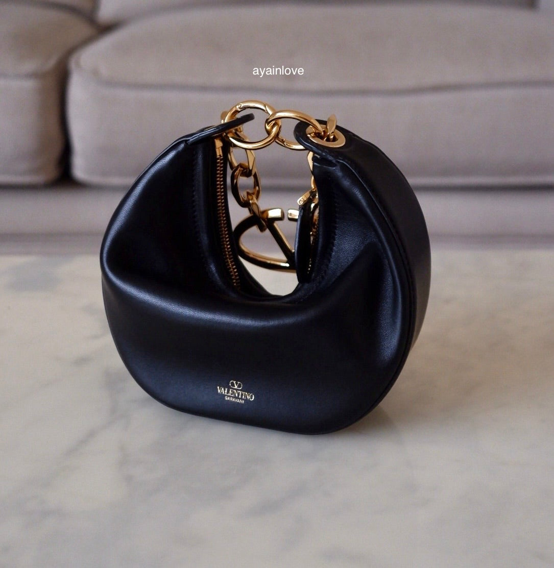 VALENTINO Vlogo Black Moon Zip Up Mini Hobo Bag Gold Hardware