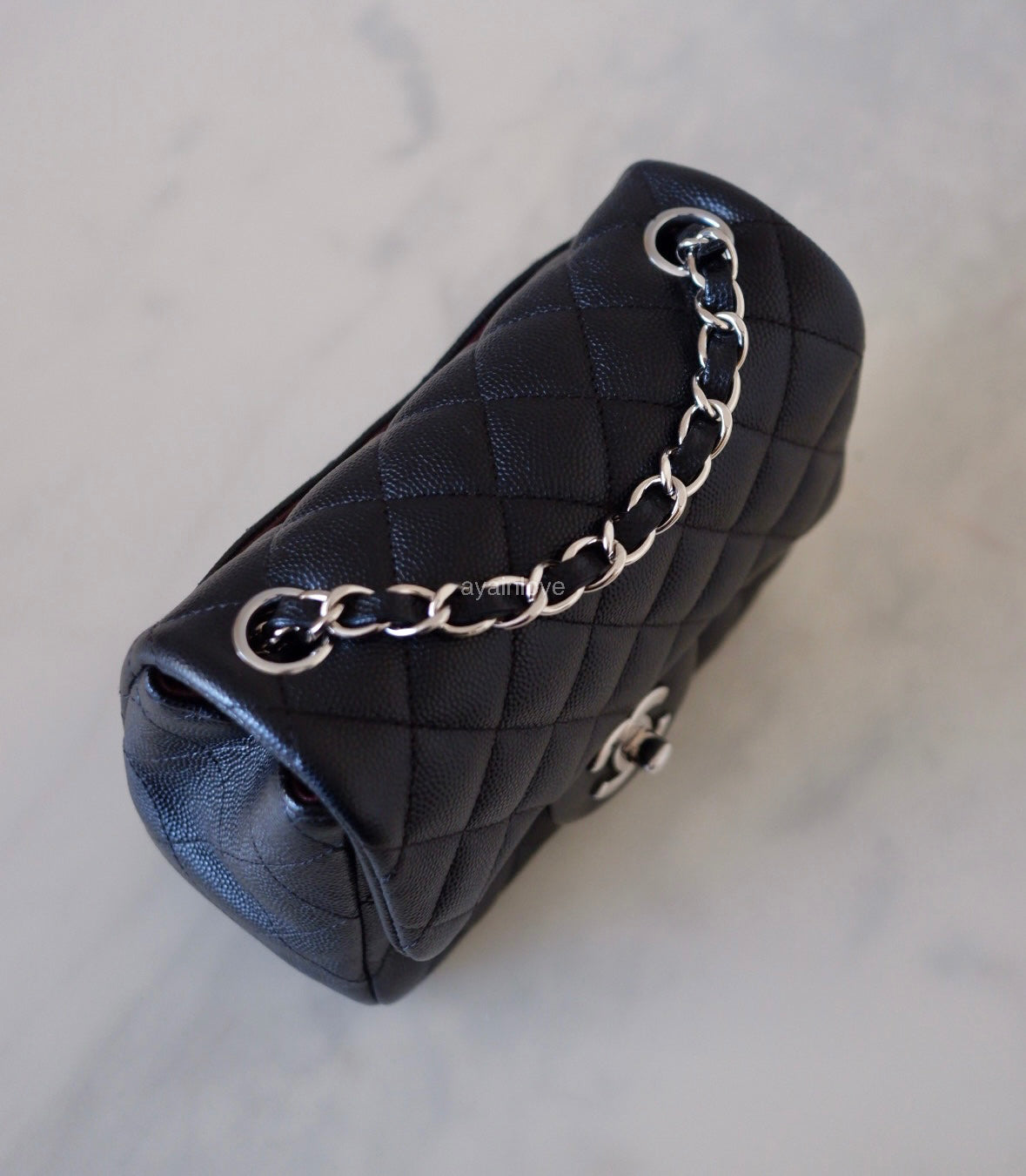 CHANEL 17B Black Caviar (Burgundy Interior) Quilted Square Mini Flap Bag Silver Hardware