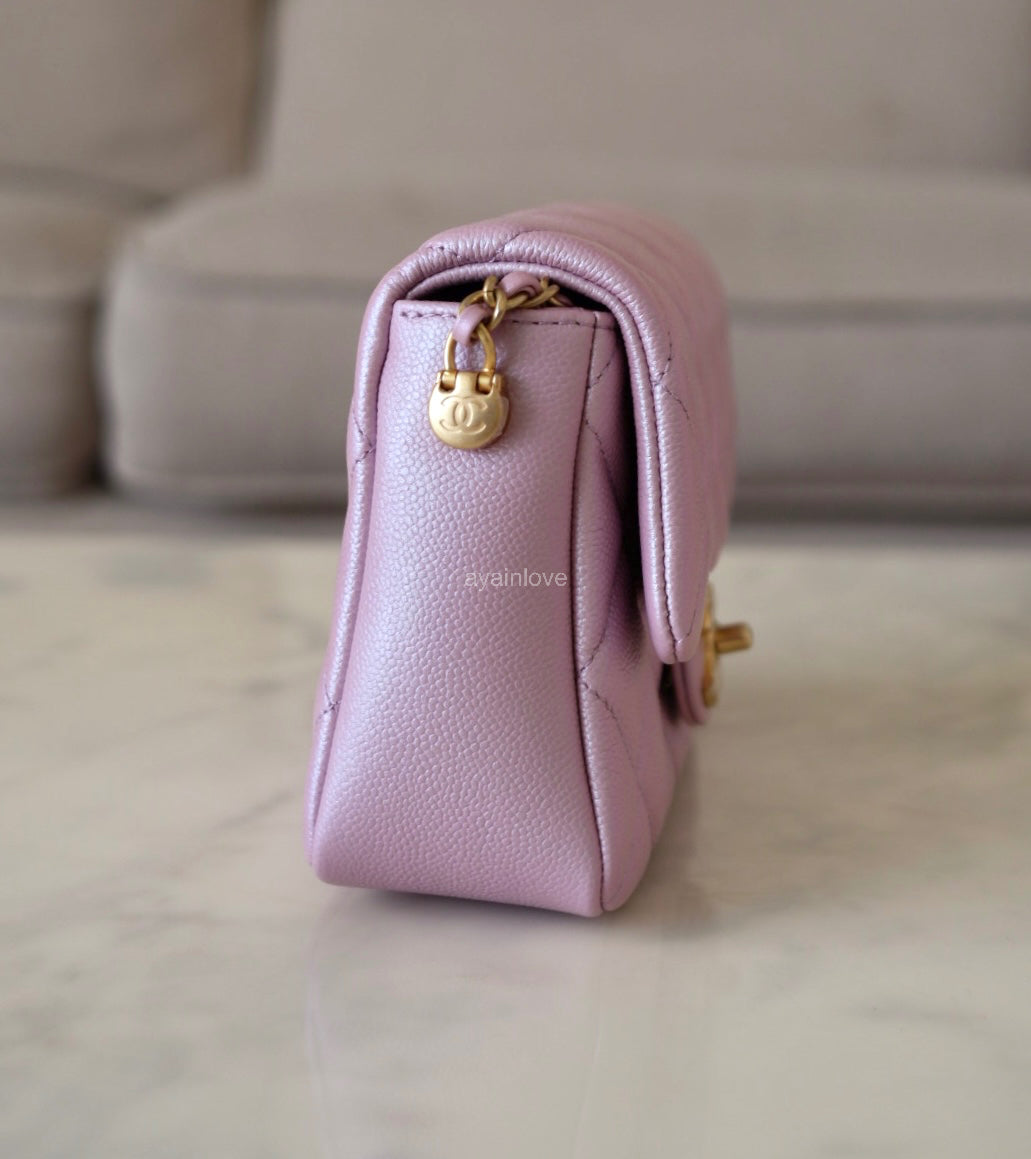 CHANEL 21K Iridescent Pink Caviar My Perfect Square Mini Flap Bag Gold Hardware