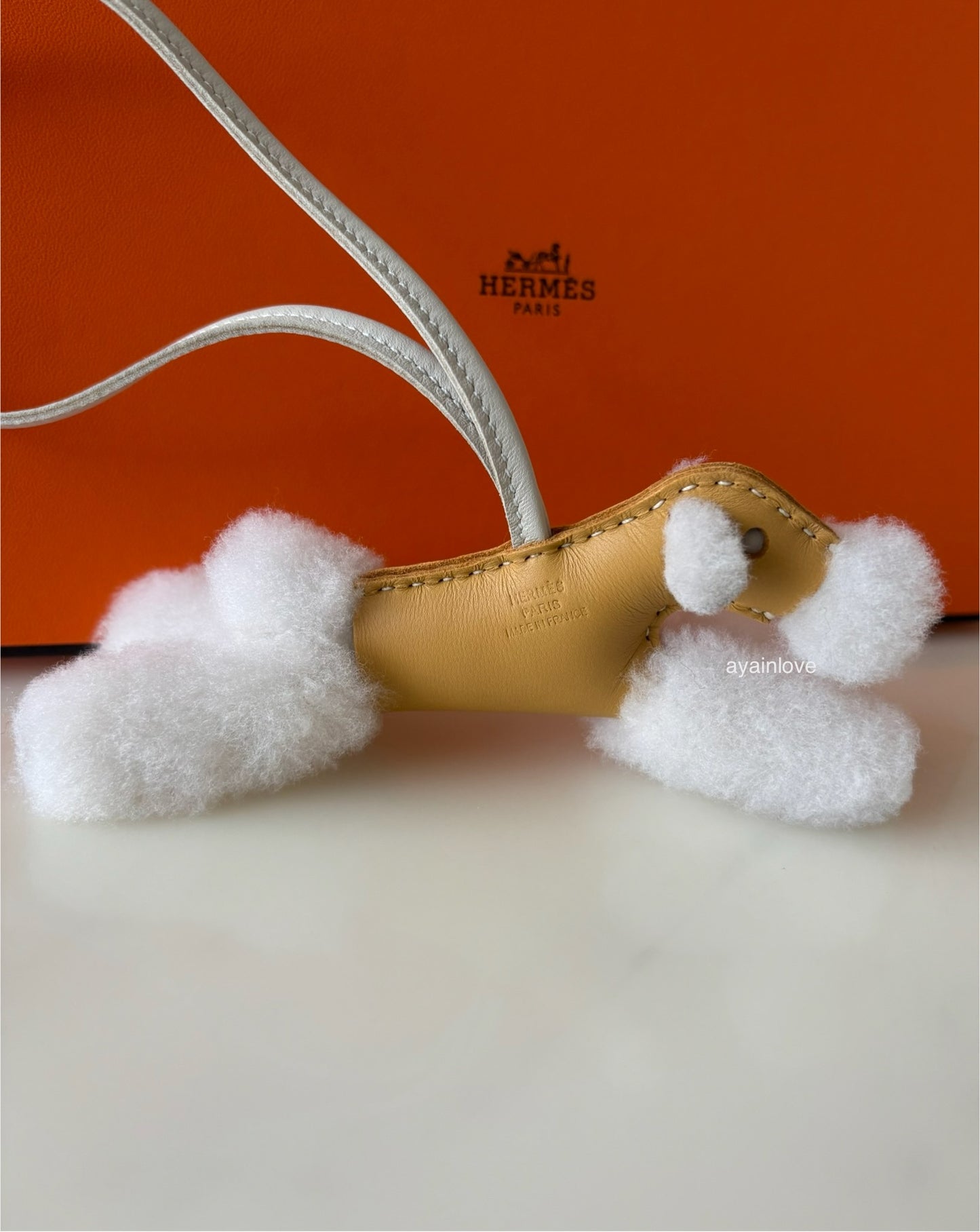 HERMES Budy Ecru/Paille/Craie Wool Leather Bag Charm K Stamp