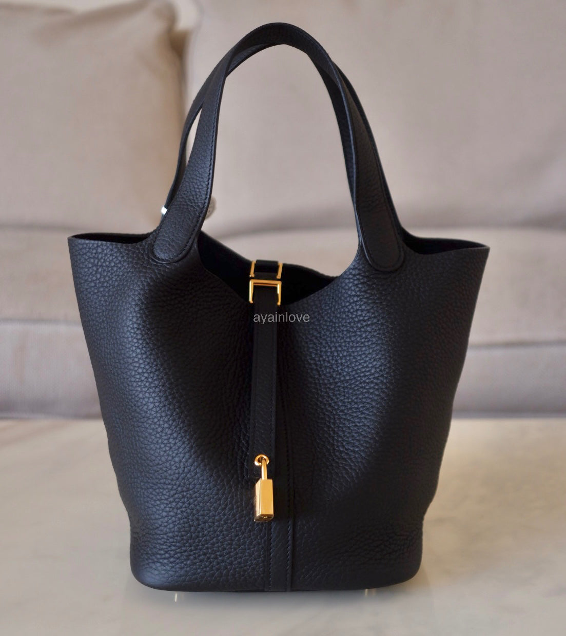 HERMES Picotin Lock 22 Black Noir Taurillion Clemence Gold Hardware K Stamp