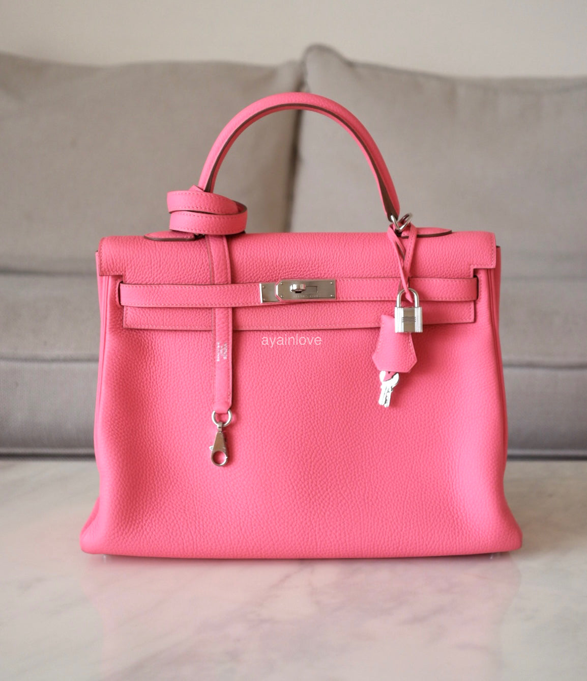HERMES Kelly 35 Pink Rose Lipstick Togo Palladium Hardware Q Square Stamp