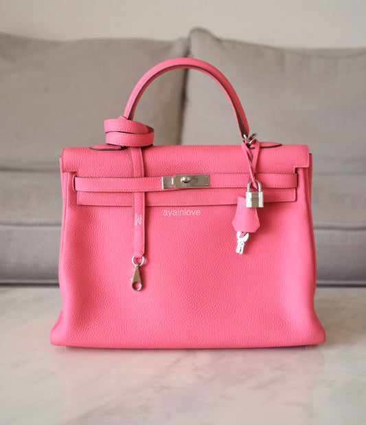 HERMES Kelly 35 Pink Rose Lipstick Togo Palladium Hardware Q Square Stamp