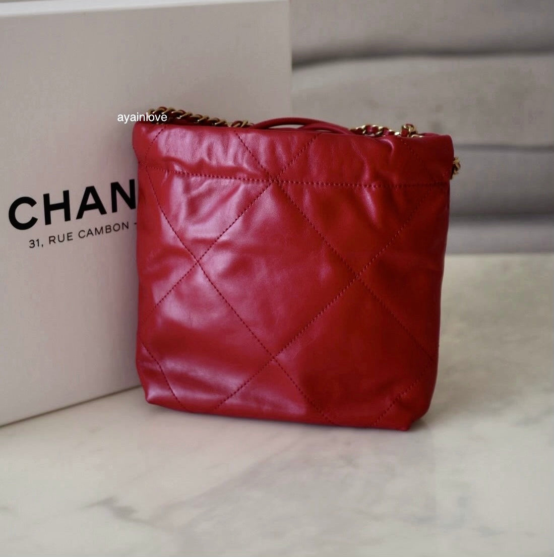 CHANEL Mini 22 Red Shiny Calf Skin Bag Gold Hardware