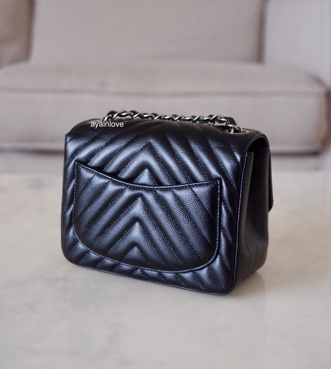 CHANEL 16S Black Caviar Chevron Classic Square Mini Flap Bag Silver Hardware