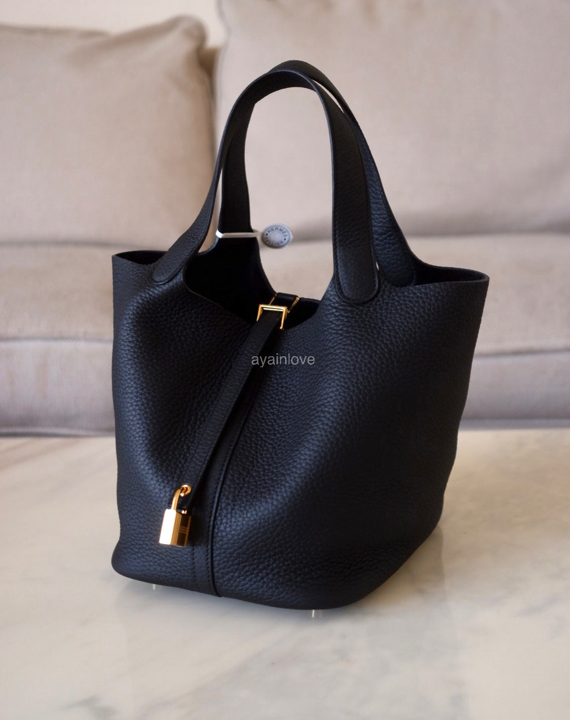 HERMES Picotin Lock 22 Black Noir Taurillion Clemence Gold Hardware K Stamp