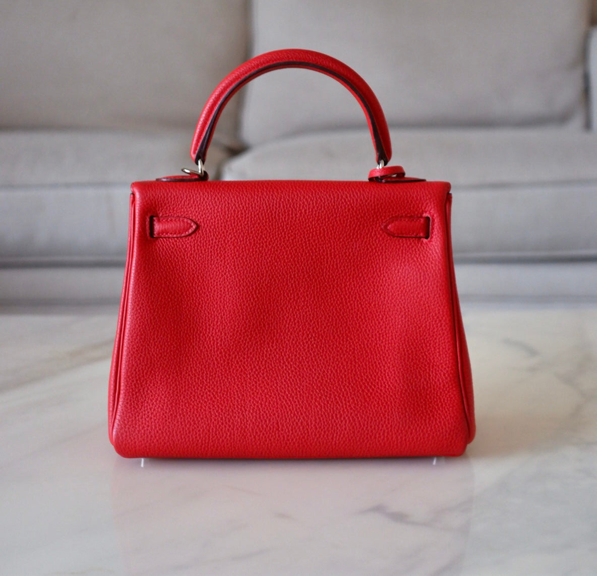 HERMES Kelly 25 Geranium Togo Retourne Palladium Hardware X Stamp