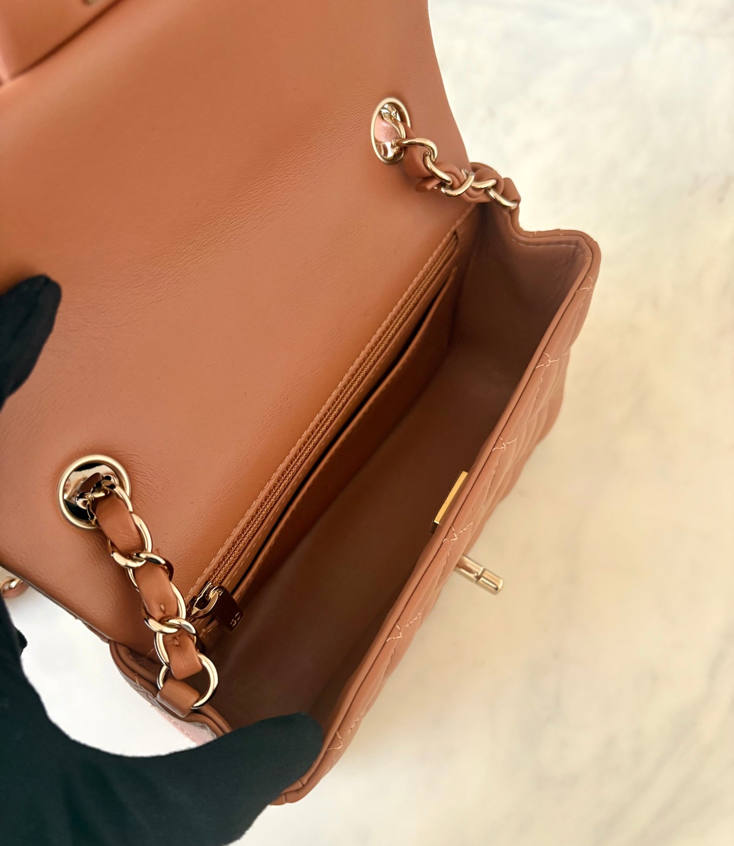 CHANEL 22S Caramel Brown Lamb Skin Rectangular Mini Light Gold Hardware