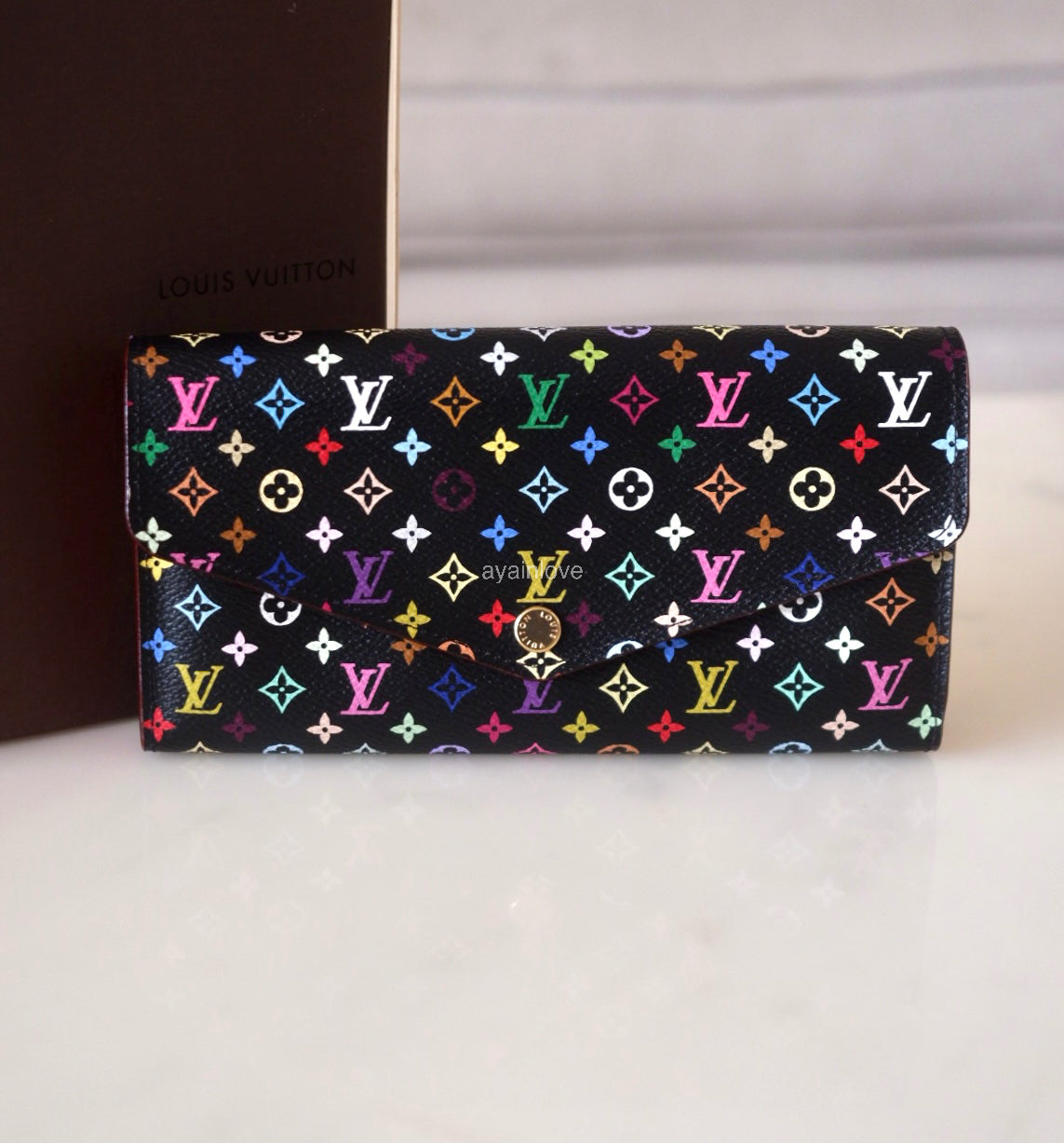 LOUIS VUITTON LV Black Murakami Multicolour Sarah Wallet Gold Hardware